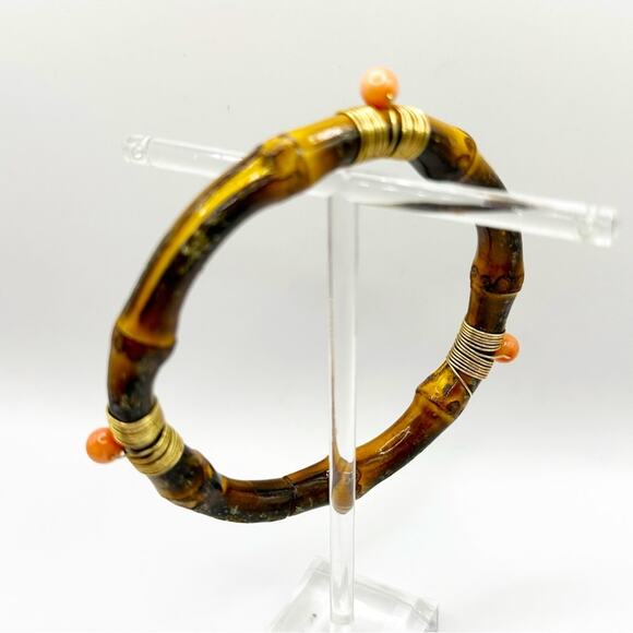 Vintage Bamboo Bracelet Gold Wire Wrapped Coral Bead Retro Brown Orange Bangle - Picture 13 of 15